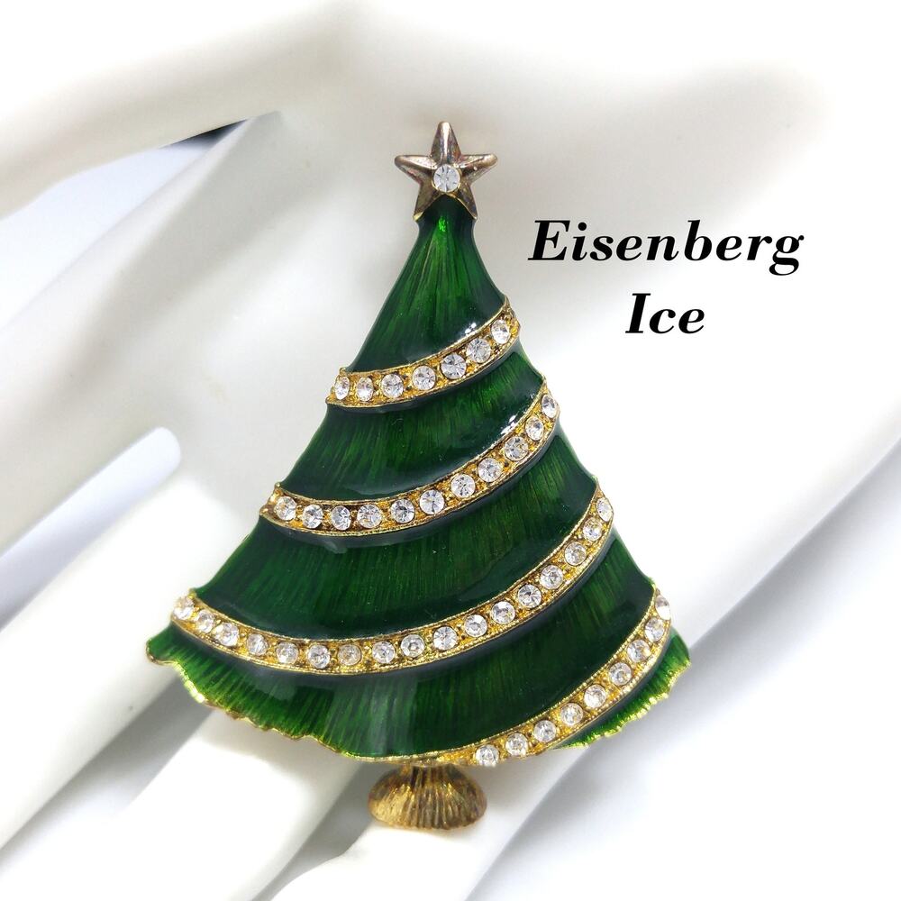 Eisenberg Ice Christmas Tree Brooch, Green Enamel, Gold Plate, 1960s Vintage